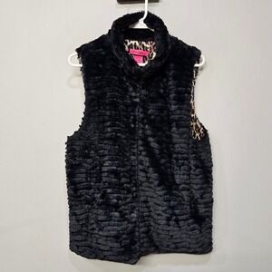 Betsey Johnson Faux Fur Vest Women Large Black Pockets Whimsigoth‎ Fairy Grunge